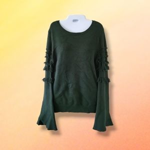 Harper Lane | GUC Dark Green Fringed Long Bell Sleeve Sweater (SIZE S)